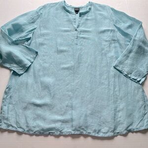 Eileen Fisher Woman Linen Silk Blend Pale Turquiose Tunic Top Long Sleeve 1X